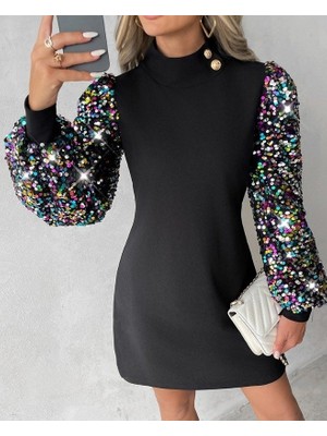 Martcini Kadın Uzun Kollu Balıkçı Yaka Düğme Detay Renkli Pul Payet Kol Scuba Krep Elbise
