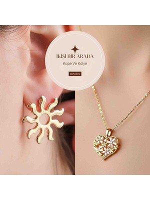 Bontexs Kadın Güneş Küpe ve Zirkon Taşlı Kalp Kolye