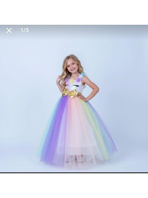 Milays Kız Çocuk Uzun Tüllü Kasnaklı Özel Gün ve Parti Elbisesi Gold Kemer Detaylı