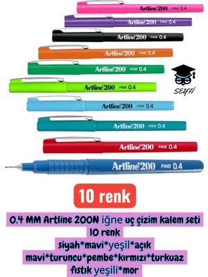 Belirtilmemiş 0.4 mm Artline 200N Iğne Uç Çizim Kalem Seti 10 Renk