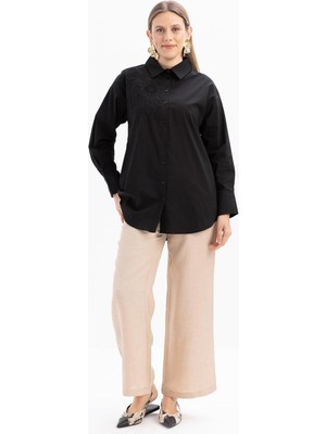 Allday Kadın Çiçek Nakışlı Poplin Gömlek