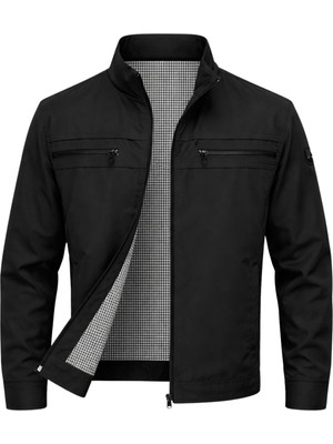 Sivaist Siyah Erkek Pamuk Polyester Karışımlı Çift Göğüs Fermuarlı Su ve Rüzgar Geçirmez Mevsimlik&yazlık Mont