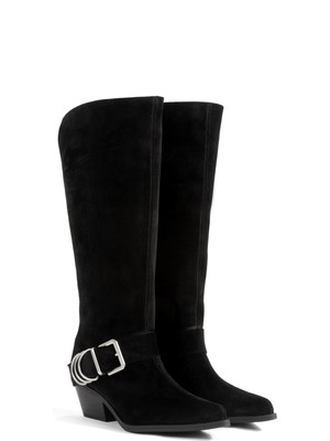 Rella Siyah Hakiki Deri Süet Diz Altı Kovboy Çizme – Tokalı Kalın Topuklu Western Kadın Çizme