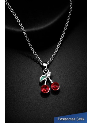 Trend Collection Kiraz Model Taş Detaylı Gümüş Çelik Kolye – Zarif Kadın Kolyesi