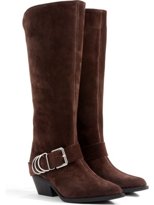 Rella Kahverengi Hakiki Deri Süet Diz Altı Kovboy Çizme – Tokalı Kalın Topuklu Western Kadın Çizme