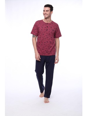 Pijadore 1402 Erkek Yuvarlak Yaka Düğmeli Kısa Kollu Pijama Takım