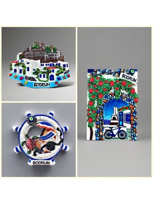 Mundy Bodrum Temalı Kabartmalı Polyester 3 Lü  Magnet Seti Buzdolabı Süsü (KOD:1091)