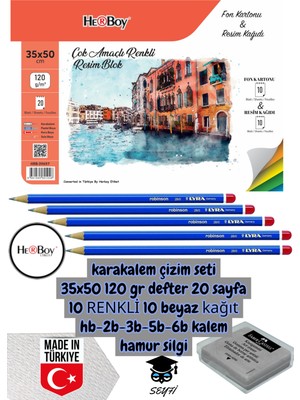 Seyfi Kırtasiye Karakalem Çizim Seti 35X50 120 gr Defter 20 Sayfa 10 Renkli 10 Beyaz Kağıt Hb-2b-3b-5b-6b Kalem
