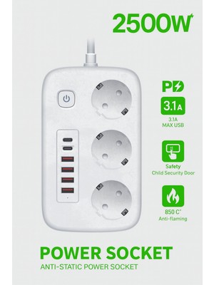 Plentiful 2500W Çoklu Priz 2 Metre – 3’lü Ac Priz +5 USB Çıkışı Akım Korumalı Alev Almayan Gövde,