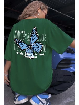 Punix Büyük Beden Özel Seri Blue Butterfly Sırt Baskılı %100 Pamuk Oversize Battal Kadın T-Shirt