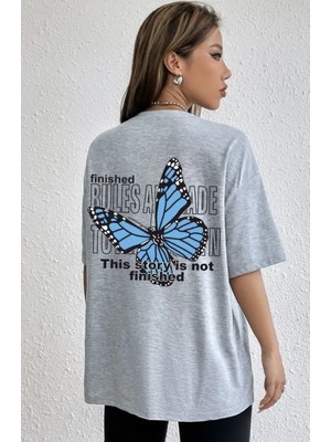 Punix Büyük Beden Özel Seri Blue Butterfly Sırt Baskılı %100 Pamuk Oversize Battal Kadın T-Shirt