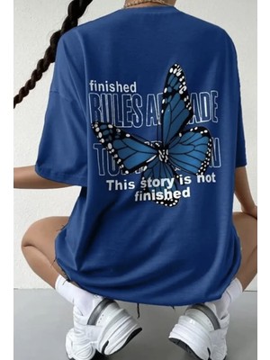 Punix Büyük Beden Özel Seri Blue Butterfly Sırt Baskılı %100 Pamuk Oversize Battal Kadın T-Shirt