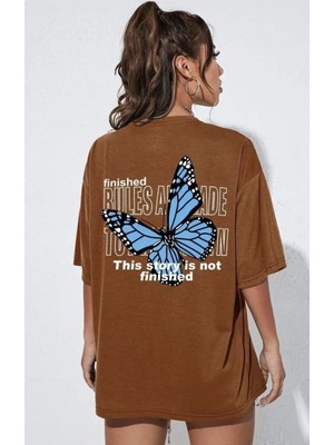 Punix Büyük Beden Özel Seri Blue Butterfly Sırt Baskılı %100 Pamuk Oversize Battal Kadın T-Shirt