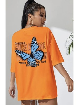 Punix Büyük Beden Özel Seri Blue Butterfly Sırt Baskılı %100 Pamuk Oversize Battal Kadın T-Shirt