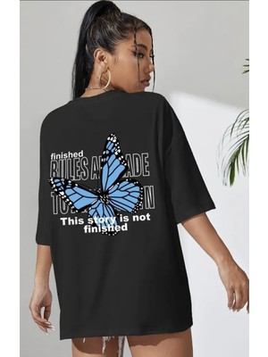 Punix Büyük Beden Özel Seri Blue Butterfly Sırt Baskılı %100 Pamuk Oversize Battal Kadın T-Shirt