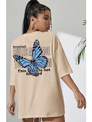 Punix Büyük Beden Özel Seri Blue Butterfly Sırt Baskılı %100 Pamuk Oversize Battal Kadın T-Shirt