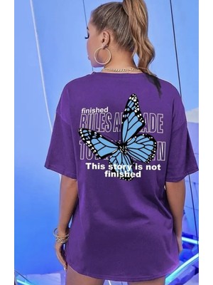 Punix Büyük Beden Özel Seri Blue Butterfly Sırt Baskılı %100 Pamuk Oversize Battal Kadın T-Shirt