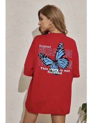 Punix Büyük Beden Özel Seri Blue Butterfly Sırt Baskılı %100 Pamuk Oversize Battal Kadın T-Shirt