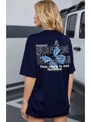 Punix Büyük Beden Özel Seri Blue Butterfly Sırt Baskılı %100 Pamuk Oversize Battal Kadın T-Shirt