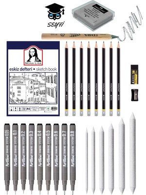 50 Yaprak 120 gr A4 Eskiz Defteri Kara Kalem Pastel Dağıtıcı Çizim Seti Tam Takım