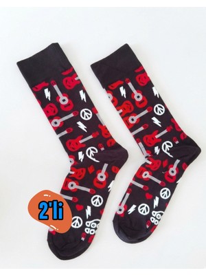 Eminence 2 Çift Unisex Müzik ve Gitar Desenli Penye Pamuk Çorap
