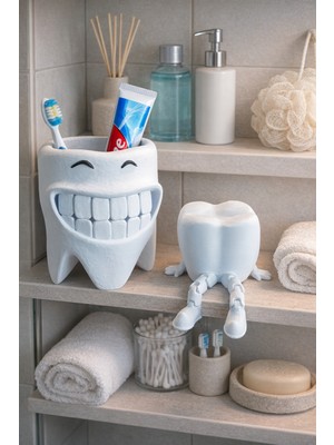 Gülen Diş - Diş Fırçalık & Oturan Diş Dekor Seti Pla – 13 cm & 6 cm  Banyo Organizer
