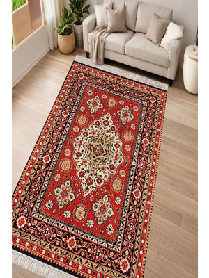 Alanur Home Alanur Kaymaz Yıkanabilir Dijital Baskılı Salon Halısı Yıldız Deri Saçaklı Otantik E6002 Renkli