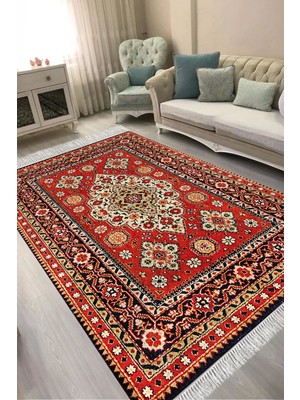 Alanur Home Alanur Kaymaz Yıkanabilir Dijital Baskılı Salon Halısı  Trend Saçaklı Otantik E6002 Renkli