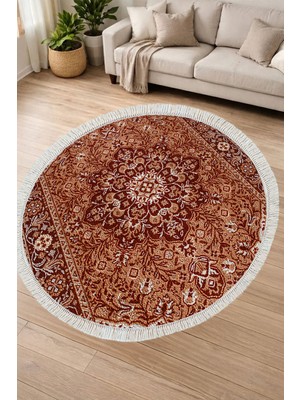 Alanur Home Alanur Kaymaz Yıkanabilir Dijital Baskılı Salon Halısı Yıldız Deri Saçaklı Yuvarlak Otantik E6001 Renkli