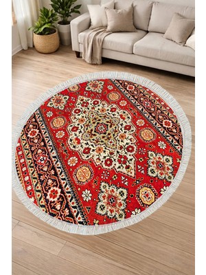 Alanur Home Alanur Kaymaz Yıkanabilir Dijital Baskılı Salon Halısı Yıldız Deri Saçaklı Yuvarlak Otantik E6002 Renkli