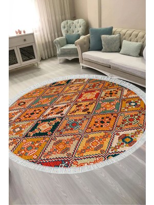 Alanur Home Alanur Kaymaz Yıkanabilir Dijital Baskılı Salon Halısı  Trend Saçaklı Yuvarlak Otantik E6004 Renkli