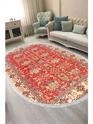 Alanur Home Alanur Kaymaz Yıkanabilir Dijital Baskılı Salon Halısı  Trend Saçaklı Oval Otantik E6005 Renkli