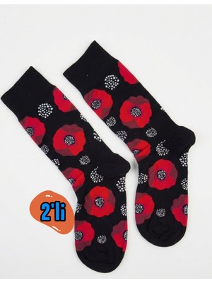 Eminence 2 Çift Unisex Çiçek Desenli Penye Pamuk Çorap
