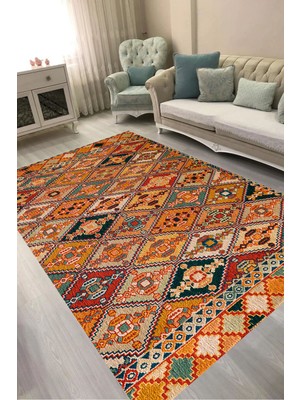 Alanur Home Alanur Kaymaz Yıkanabilir Dijital Baskılı Salon Halısı  Trend Otantik E6004 Renkli
