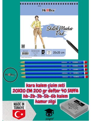 Kara Kalem Çizim Seti 20X20 cm 200 gr Defter 40 Sayfa Hb-2b-3b-5b-6b Kalem Hamur Silgi