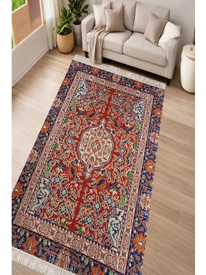 Alanur Home Alanur Kaymaz Yıkanabilir Dijital Baskılı Salon Halısı Yıldız Deri Saçaklı Otantik E6003 Renkli