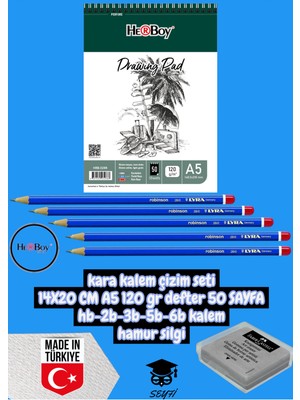 Kara Kalem Çizim Seti 14X20 cm A5 120 gr Defter 50 Sayfa Hb-2b-3b-5b-6b Kalem Hamur Silgi