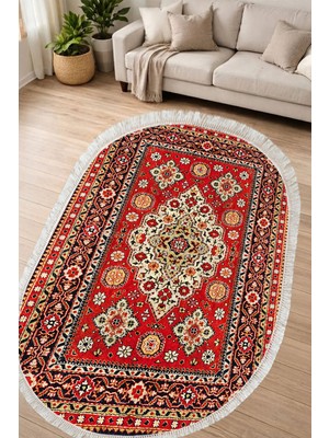 Alanur Home Alanur Kaymaz Yıkanabilir Dijital Baskılı Salon Halısı Yıldız Deri Saçaklı Oval Otantik E6002 Renkli