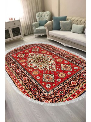 Alanur Home Alanur Kaymaz Yıkanabilir Dijital Baskılı Salon Halısı  Trend Saçaklı Oval Otantik E6002 Renkli