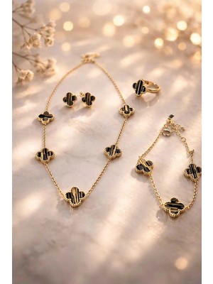 Banum Luxury Şık Siyah Altin Desenli 4 Çelik Set
