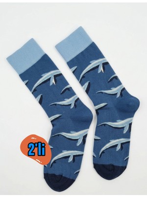 Eminence 2 Çift Unisex Yunus ve Deniz Desenli Penye Pamuk Çorap