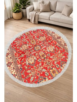 Alanur Home Alanur Kaymaz Yıkanabilir Dijital Baskılı Salon Halısı Yıldız Deri Saçaklı Yuvarlak Otantik E6005 Renkli