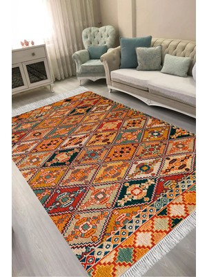 Alanur Home Alanur Kaymaz Yıkanabilir Dijital Baskılı Salon Halısı  Trend Saçaklı Otantik E6004 Renkli