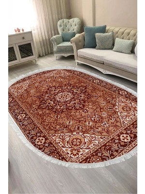 Alanur Home Alanur Kaymaz Yıkanabilir Dijital Baskılı Salon Halısı  Trend Saçaklı Oval Otantik E6001 Renkli