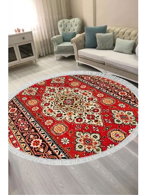 Alanur Home Alanur Kaymaz Yıkanabilir Dijital Baskılı Salon Halısı  Trend Saçaklı Yuvarlak Otantik E6002 Renkli