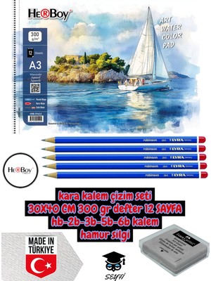 Kara Kalem Çizim Seti 30X40 cm A3 300 gr Defter 12 Sayfa Hb-2b-3b-5b-6b Kalem Hamur Silgi