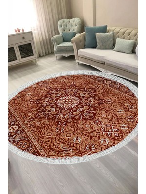 Alanur Home Alanur Kaymaz Yıkanabilir Dijital Baskılı Salon Halısı  Trend Saçaklı Yuvarlak Otantik E6001 Renkli