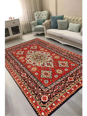Alanur Home Alanur Kaymaz Yıkanabilir Dijital Baskılı Salon Halısı  Trend Otantik E6002 Renkli