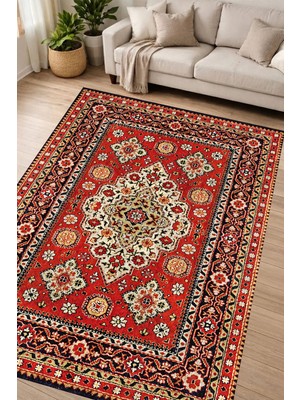 Alanur Home Alanur Kaymaz Yıkanabilir Dijital Baskılı Salon Halısı Yıldız Deri Otantik E6002 Renkli