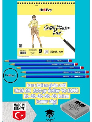 Kara Kalem Çizim Seti 15X15 cm 200 gr Defter 40 Sayfa Hb-2b-3b-5b-6b Kalem Hamur Silgi